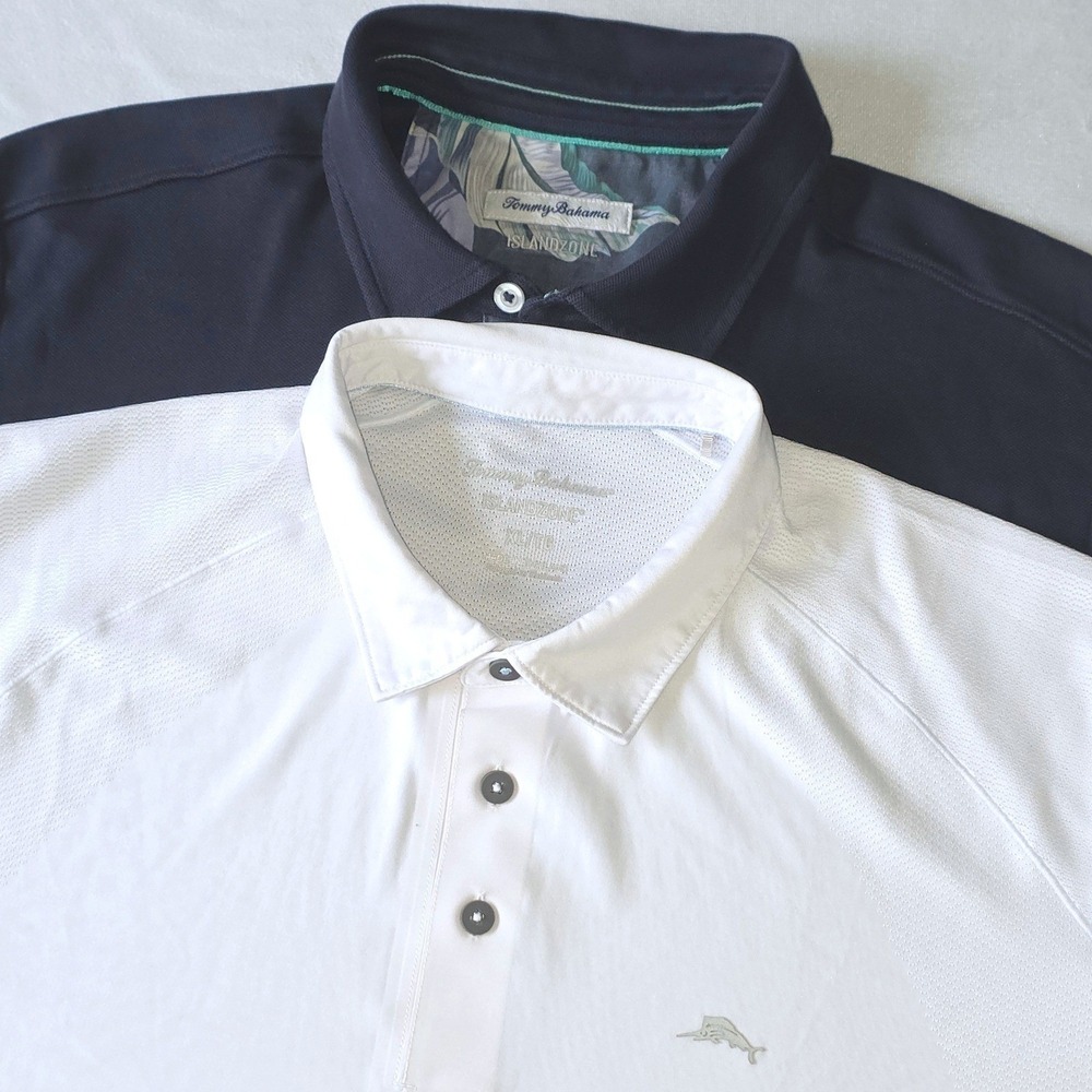Lot of 2 Tommy Bahama Island Zone‎ Men Golf Polo Shirt Navy Blue White Size XL